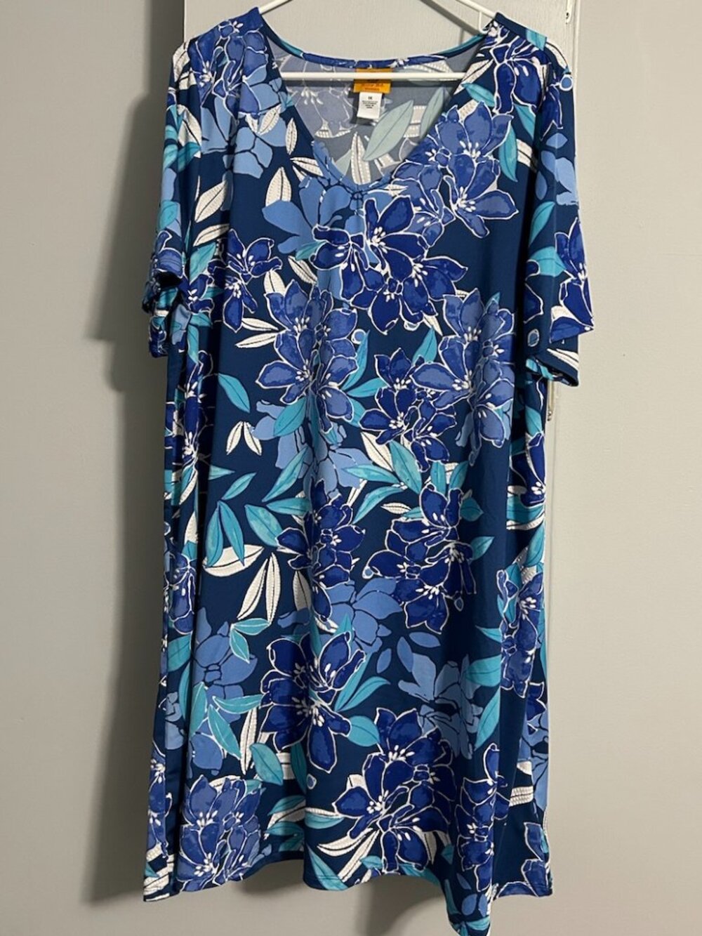 Ruby Rd. Vibrant Blue Floral V-Neck Stretch Knit Midi Shift Dress Wmn's Size 1X